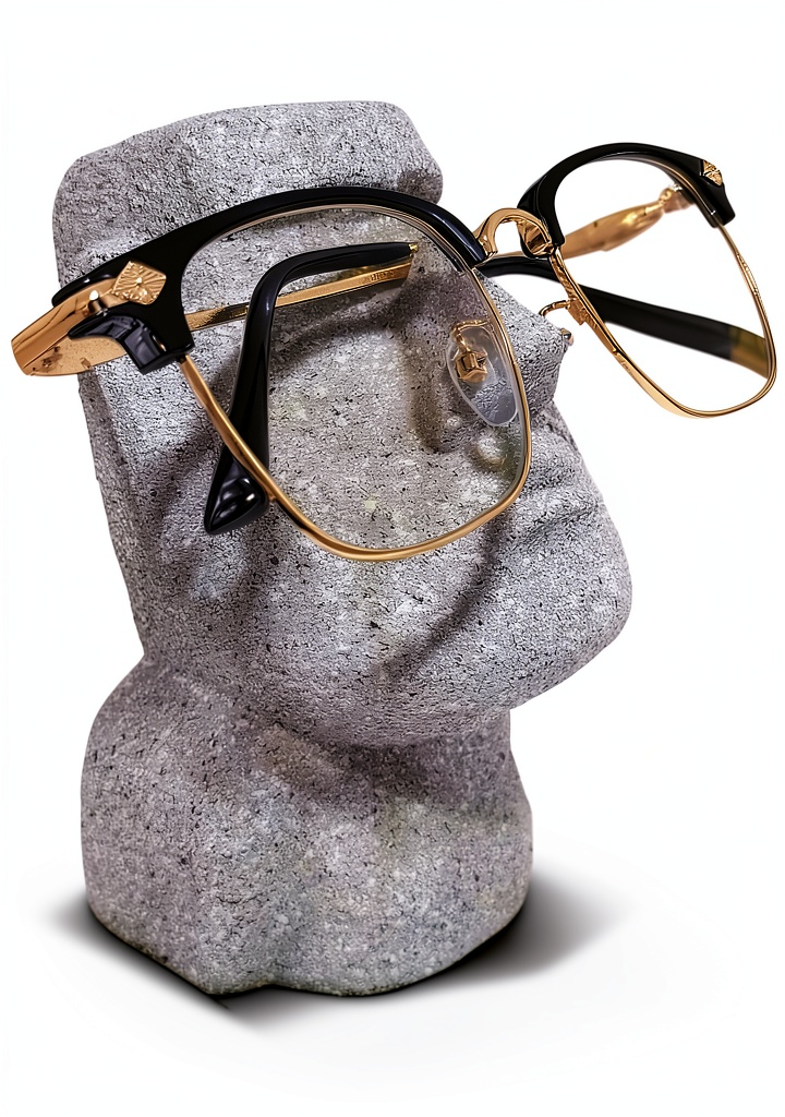 Moai eyeglasses holder on a wooden desk with glasses resting securely