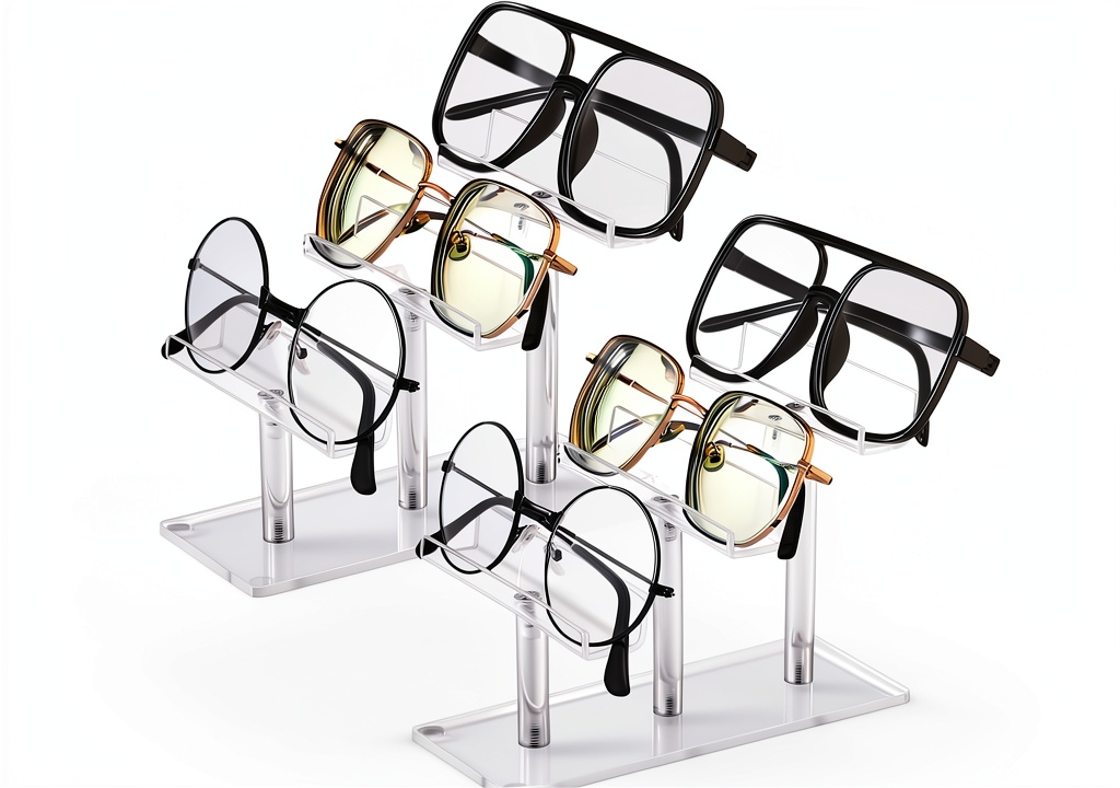 '3-tier acrylic sunglass display stand showing layered design'