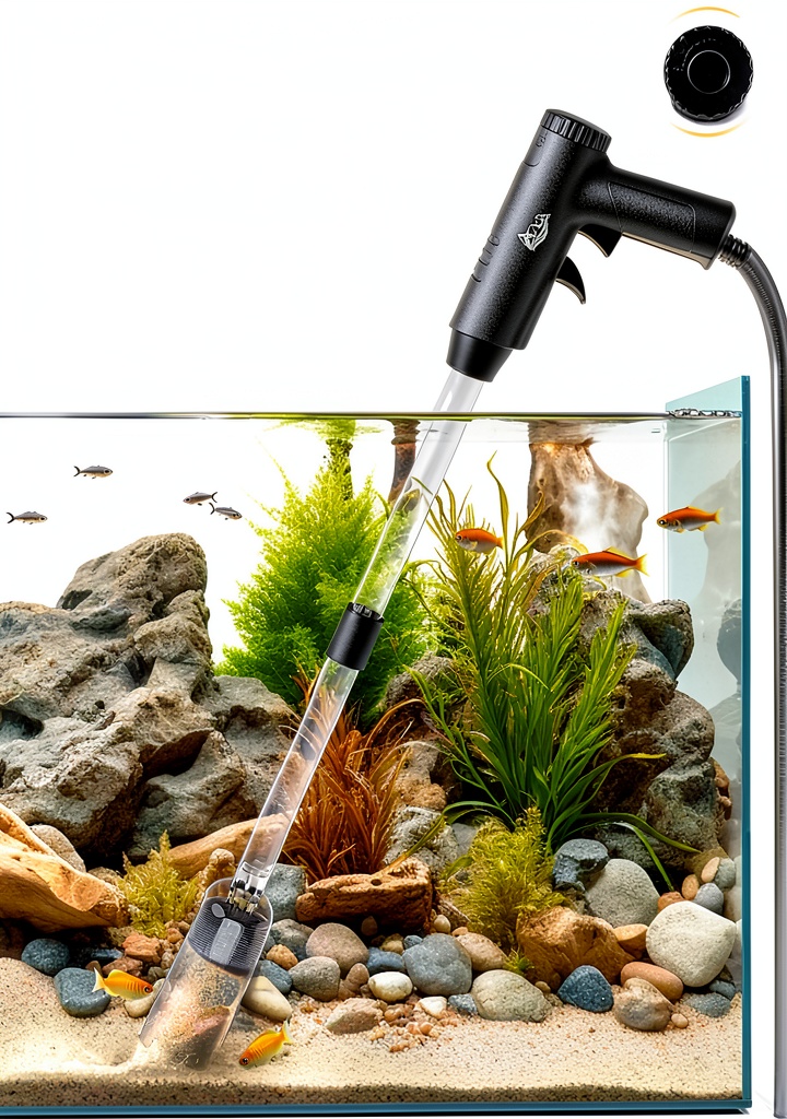 AQQA 4in1 aquarium gravel cleaner being used on a 30‑gallon community tank with live rock and planted substrate